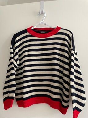 Simons Navy and Cream Striped Crewneck Sweater with Red Trim